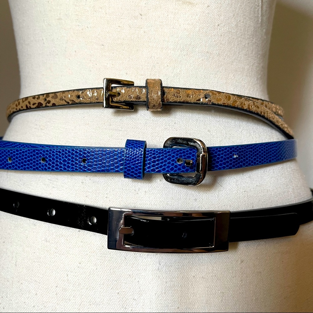 Bundle of 3 Skinny Belts S/M Black, Blue, Gold Leopard